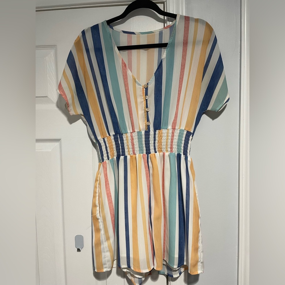 Striped Smocked Waist Romper – Multicolor V-Neck Button Front